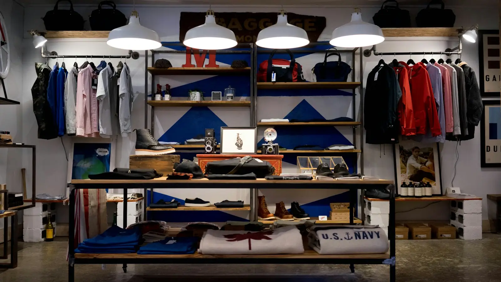 Retail clothing store interior with shelves of apparel